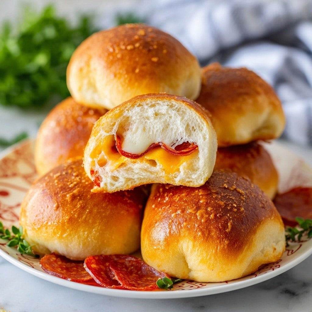 The image shows five golden-brown, soft rolls arranged on a white plate with detailed floral patterns. Each roll is neatly shaped, with a smooth shiny surface and slightly rounded ends. Around the rolls, there are thin slices of reddish-orange pepperoni adding contrast and color. In the background, a clear glass bowl holds more pepperoni slices, and there is a tall jar filled with amber liquid with a slice of lemon inside. A small green sprig of herb rests on the edge of the plate. The whole scene is set on a white marbled surface. photo taken with an iphone --ar 4:5 --v 7