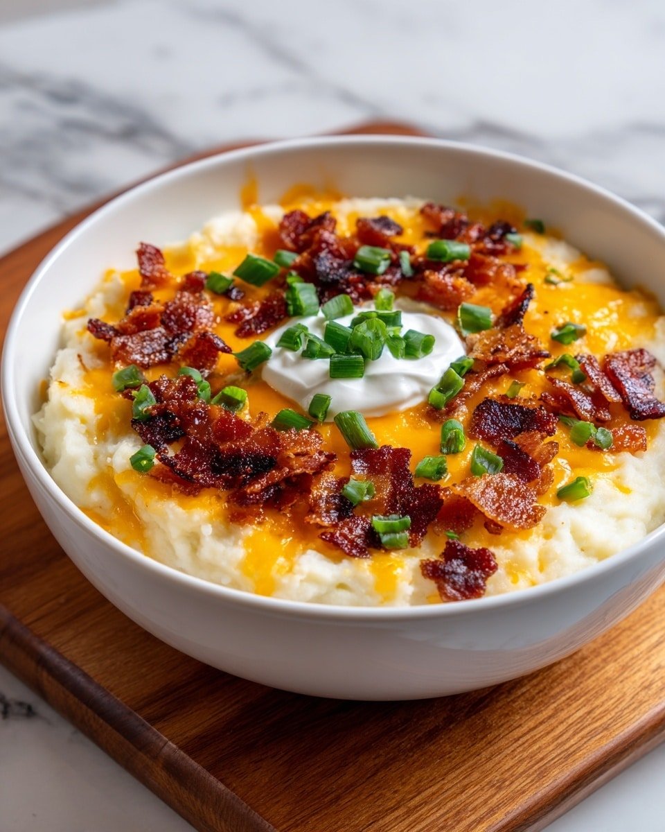 In a deep white bowl filled with a thick layer of fluffy white mashed potatoes, there is a topping of bright orange shredded cheddar cheese scattered unevenly across the surface. Crispy, small pieces of reddish-brown bacon are spread over the cheese, adding texture. In the center, a dollop of smooth white sour cream is placed, garnished with small pieces of fresh green chives sprinkled on top and around the dish. The bowl sits on a surface with a white marbled texture, and in the background, a white bowl with more bacon pieces is visible, blurred. photo taken with an iphone --ar 4:5 --v 7