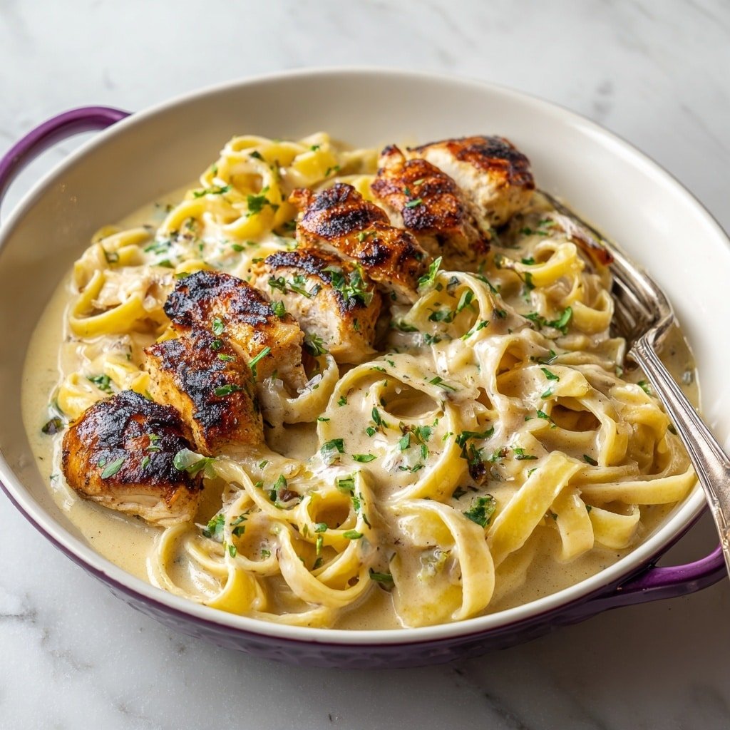 A white bowl holds creamy fettuccine pasta as the bottom layer, its pale yellow color and smooth texture coated evenly with sauce. On top rest three thick slices of grilled chicken with a browned, seasoned outer edge and a moist, white inside. The chicken is sprinkled with finely grated white cheese and small, fresh green herb pieces. A vintage fork leans on the side of the bowl, and the whole scene sits on a white marbled surface. photo taken with an iphone --ar 4:5 --v 7