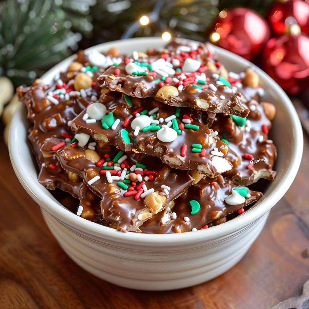 Clusters of shiny milk chocolate coated nuts form irregular, rounded shapes on a white marbled surface. Each cluster is topped with small red and green sprinkles scattered unevenly, adding pops of color on the chocolate brown. The texture shows the rough nut shapes under the smooth chocolate layer. One cluster in the front has a bite taken, revealing the light tan nuts inside surrounded by thick chocolate. More clusters of the same type are blurred in the background. The lighting is soft, highlighting the glossy chocolate and colorful sprinkles. Photo taken with an iphone --ar 4:5 --v 7