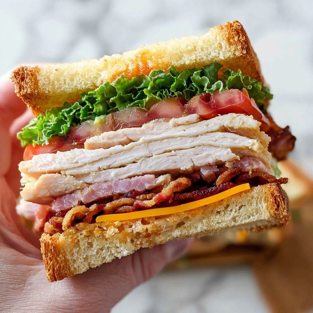 A tray holds several club sandwich pieces stacked in layers, each sandwich showing three slices of toasted white bread with a golden brown crust. Inside, layers include green lettuce, bright red tomato slices, thin white turkey slices, crispy bacon strips, and orange cheddar cheese. On the tray next to the sandwiches is a small white cup filled with creamy orange dipping sauce with herbs mixed in. The tray is placed on a white marbled surface with a dark purple cloth in the background. Photo taken with an iphone --ar 4:5 --v 7