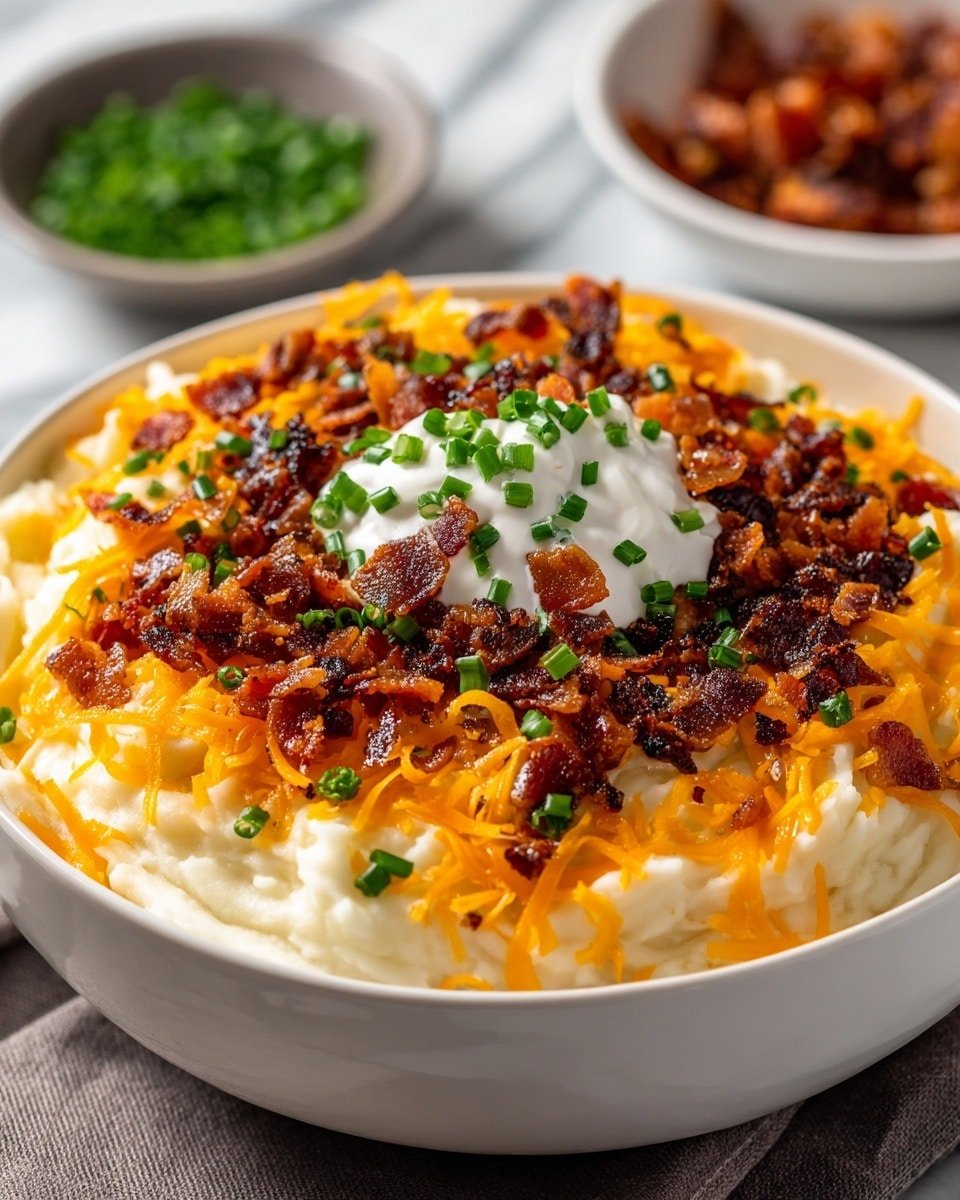 A white bowl filled with a thick layer of creamy mashed potatoes, topped with a sprinkle of bright orange shredded cheddar cheese spread evenly across the surface, followed by a dollop of white sour cream in the middle, and scattered crispy reddish-brown bacon pieces all over. Chopped green onions are spread on top, adding a fresh green color contrast. The bowl is set on a white marbled surface, with a blurred blue cloth in the background. photo taken with an iphone --ar 4:5 --v 7