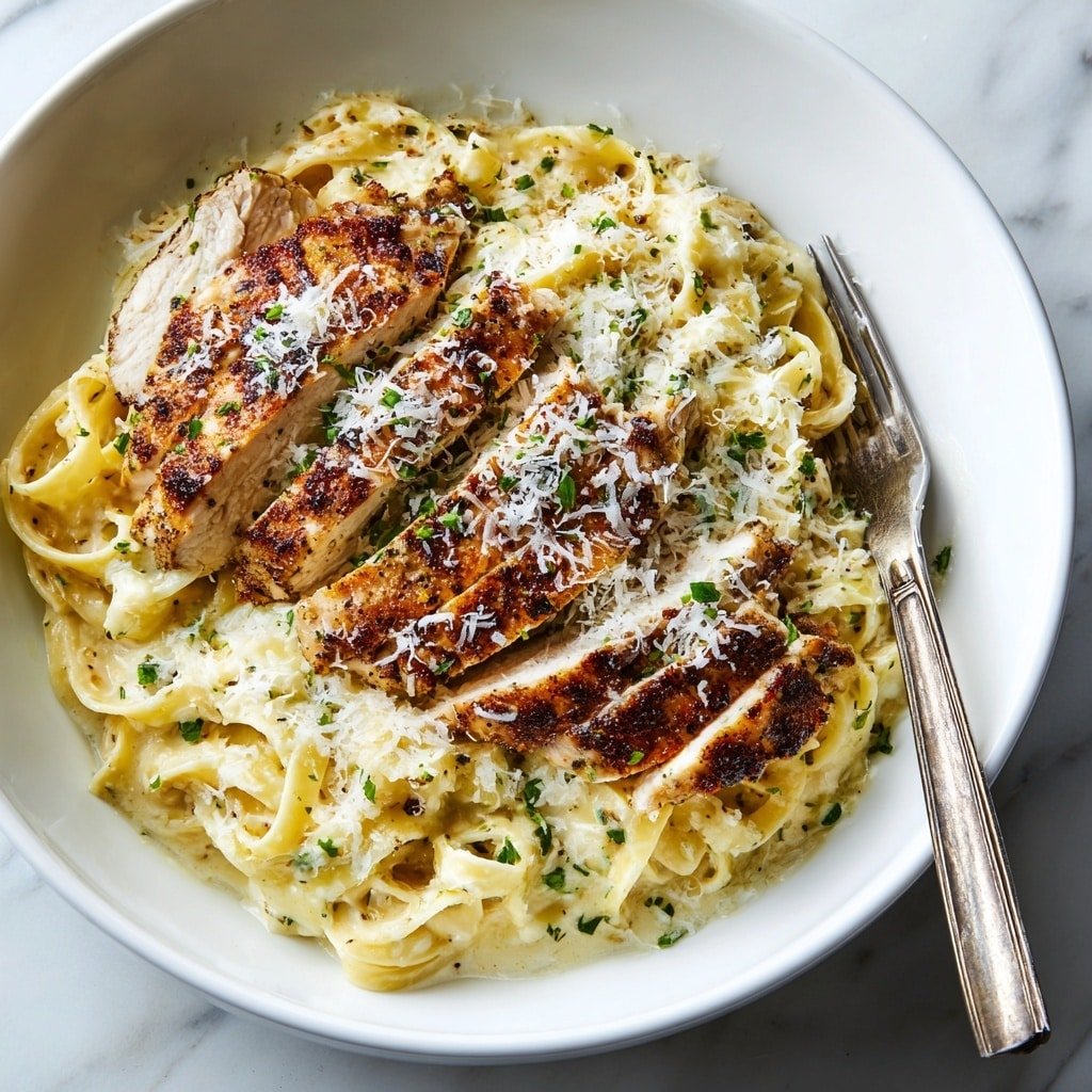 The image shows a white bowl filled with creamy fettuccine pasta as the bottom layer, coated in a rich, smooth, light beige sauce with flecks of black pepper and herbs. On top of the pasta, slightly to one side, are four thick slices of cooked chicken with a golden-brown, slightly crispy skin and tender white meat inside. The dish is garnished with finely chopped green herbs sprinkled over both the pasta and chicken, along with some grated cheese adding a delicate texture contrast. The bowl rests on a white marbled surface with a fork and knife beside it, a small piece of cheese, and a small white bowl filled with chopped green herbs nearby. There is also a light blue cloth in the background. photo taken with an iphone --ar 4:5 --v 7