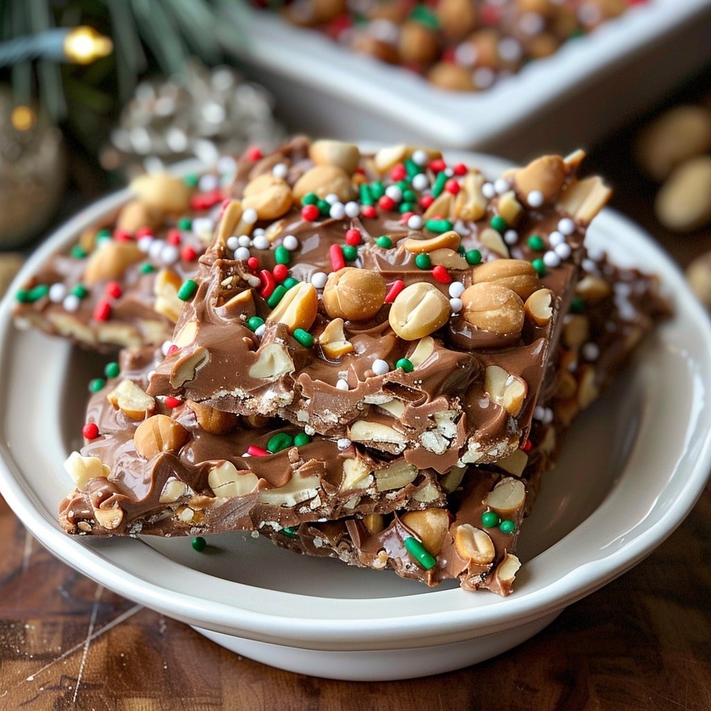 Several irregular shaped clusters of smooth milk chocolate with embedded light brown nuts are arranged on a white marbled surface. Each cluster is topped with scattered red and green sprinkles, adding bright spots of color against the rich brown chocolate. The chocolate has a glossy, slightly shiny texture, and the nuts create small rounded bumps beneath the surface, giving the clusters a lumpy, uneven form. The clusters are spread out with some overlapping slightly, showing some depth and variation in size. photo taken with an iphone --ar 4:5 --v 7