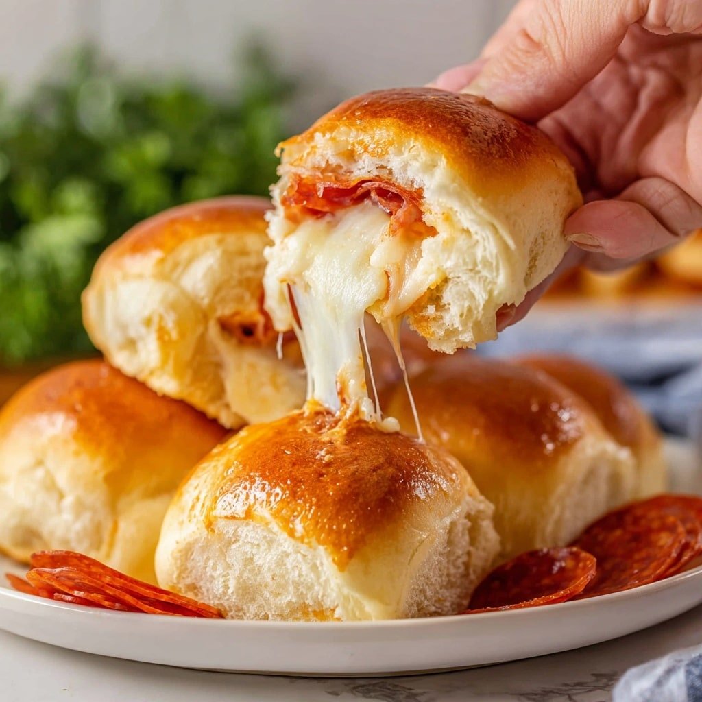 A group of six golden brown pepperoni rolls sit on a white plate with pepperoni designs on it, placed on a white marbled surface. The rolls are smooth and shiny on the outside, with one roll torn open to show its three layers inside: a thin layer of melted white cheese closest to the bread, a slice of yellow cheese in the middle, and bright red pepperoni at the bottom. The rolls are arranged casually, and some pepperoni slices are scattered around the plate. Fresh green herbs are blurred in the background. Photo taken with an iphone --ar 4:5 --v 7
