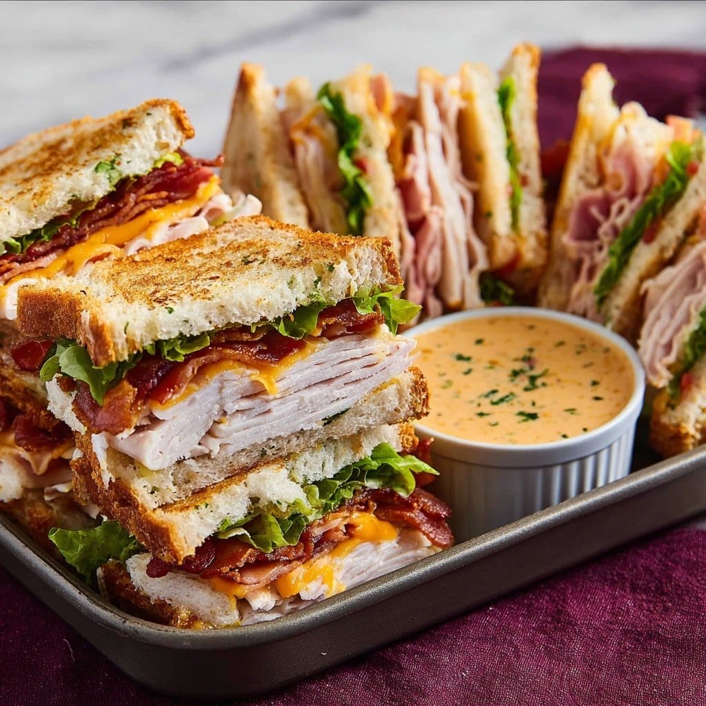 A close-up of a sandwich held by a woman's hand showing three visible layers between two slices of toasted bread. The top layer has several folds of white sliced turkey with a smooth texture. Below it, there is a layer of green leafy lettuce and a slice of red tomato, both fresh and crisp. The next layer includes crispy bacon with a rough texture and underneath it a folded pink ham slice. The bottom layer has a bright orange cheddar cheese slice resting on green leafy lettuce. All ingredients are stacked neatly, and the background shows a white marbled surface. Photo taken with an iphone --ar 4:5 --v 7