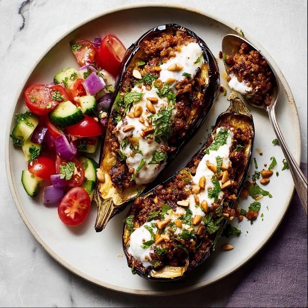 A white round plate on a white marbled surface holds two halves of roasted eggplants filled with a brown minced meat mixture. The meat is topped with white creamy sauce and sprinkled with green chopped herbs and small toasted pine nuts. On the left side of the plate, there is a fresh salad made of bright red cherry tomato halves, green cucumber pieces, and small purple onion bits. A spoon is placed inside the right eggplant half, slightly mixing the filling. Photo taken with an iphone --ar 1:1 --v 7