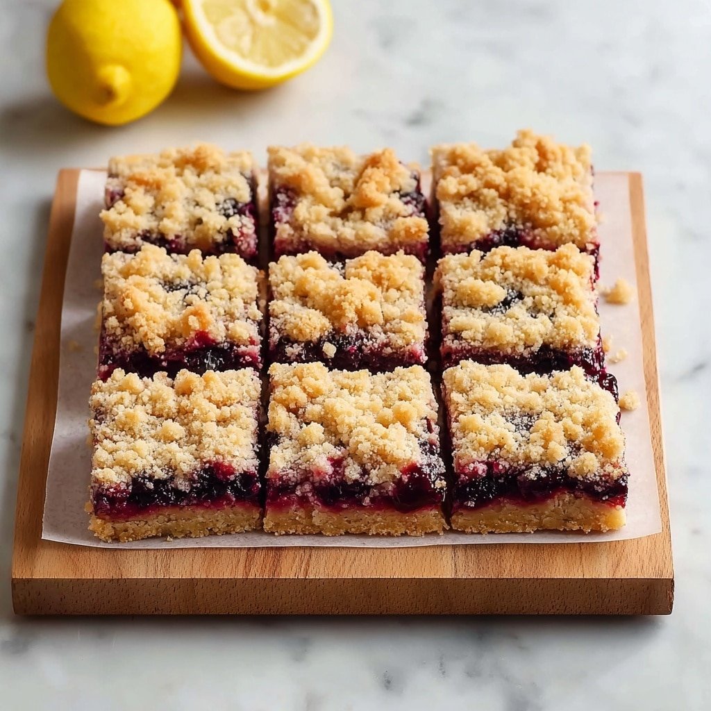 A square crumb bar cut into 16 equal pieces sits on a wooden board lined with parchment paper. The crumb bar has three layers: the bottom is a light golden crust, the middle layer is filled with dark purple and red berry jam that peeks through the cracks, and the top is a crumbly, uneven golden streusel with a rough texture. The board is placed on a white marbled surface, and two halved lemons rest near the top left corner. Photo taken with an iphone --ar 1:1 --v 7