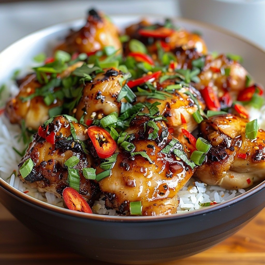 A white plate with three main layers: the bottom layer is white rice with a light sprinkle of green herbs, the middle layer is golden-brown grilled chicken pieces with a slightly crispy texture and some dark grill marks, and the top layer is a mix of bright red sliced chili peppers and chopped green onions scattered over the chicken. In the background, there are thin orange carrot shreds and slices of green cucumber arranged at the edge of the plate. The plate is placed on a white marbled surface. Photo taken with an iphone --ar 4:5 --v 7