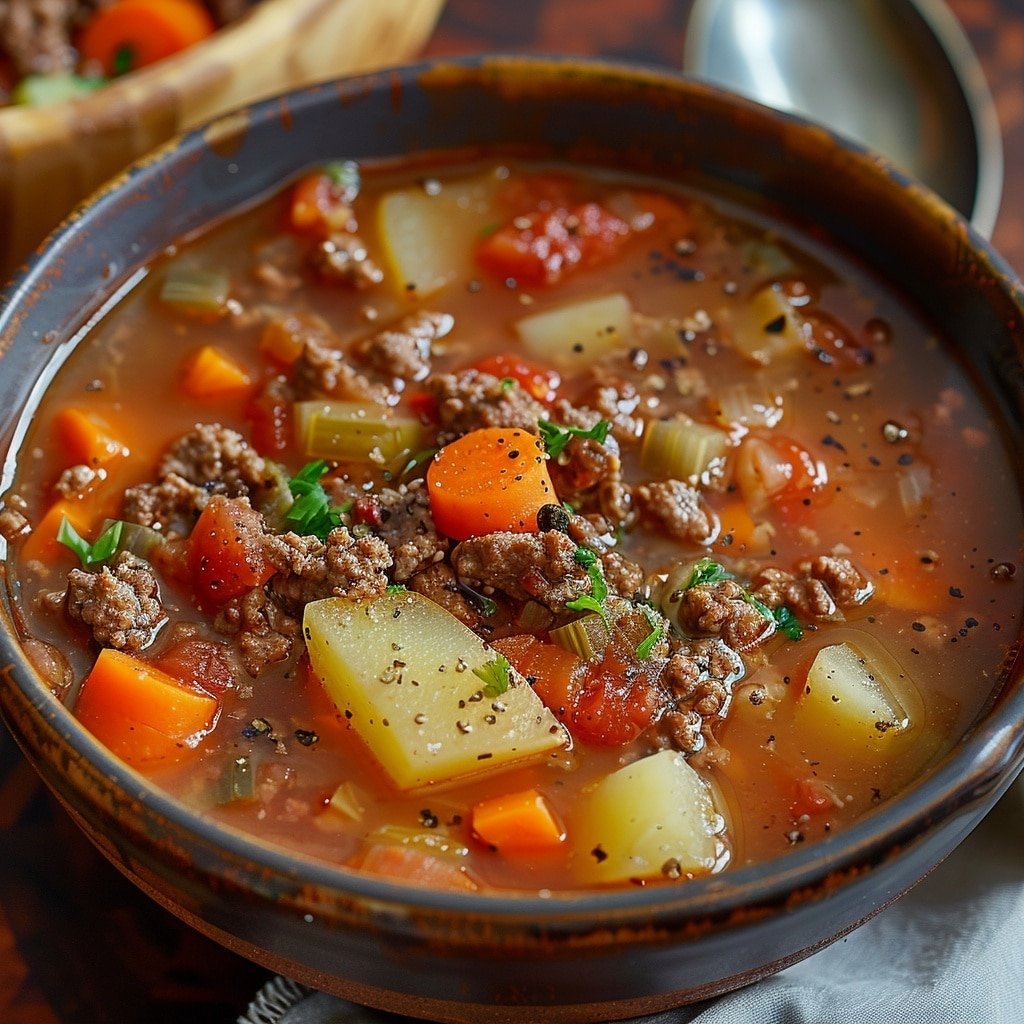 Hearty Hamburger Soup Bowl Recipe - Recipe Image