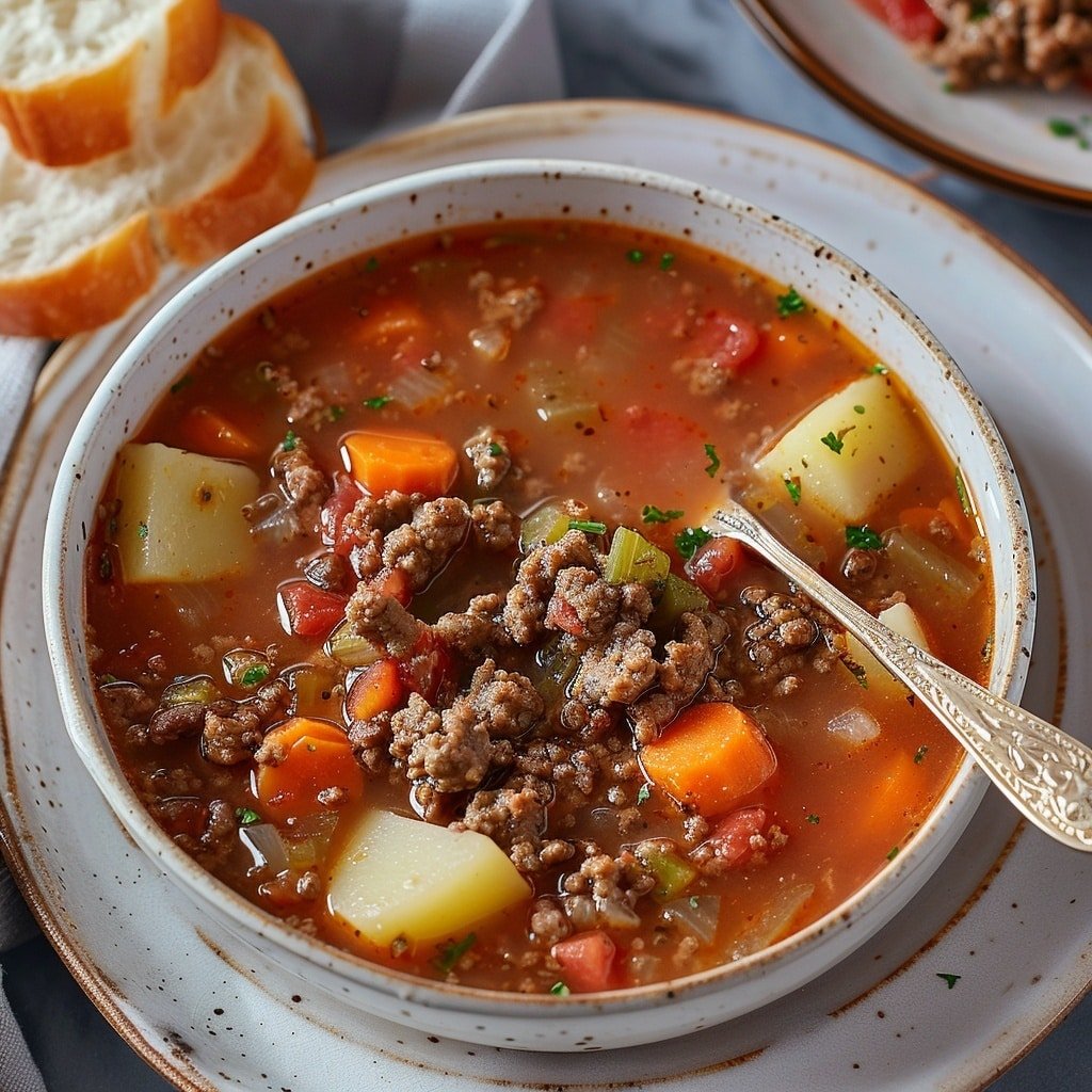 Hearty Hamburger Soup Bowl Recipe - Recipe Image