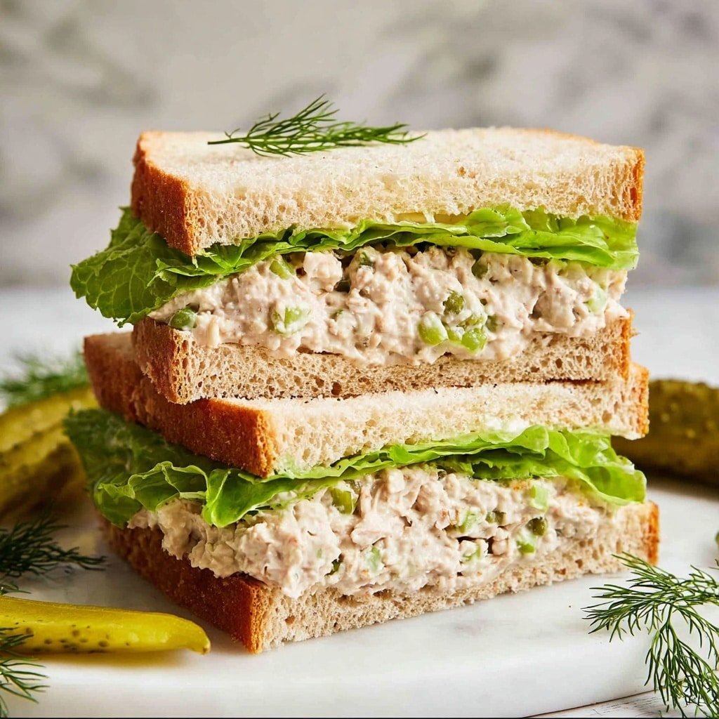 The image shows a sandwich cut in half and stacked, each sandwich half having three layers: two slices of light brown sandwich bread on top and bottom, a thick middle layer of creamy tuna salad mixed with green herbs and small bits of celery, and a fresh green leafy lettuce layer underneath the tuna salad. The sandwich halves are placed on a white marbled surface with some dill sprigs scattered around and a small pickle piece nearby. A small green dill sprig decorates the top sandwich. Photo taken with an iphone --ar 1:1 --v 7