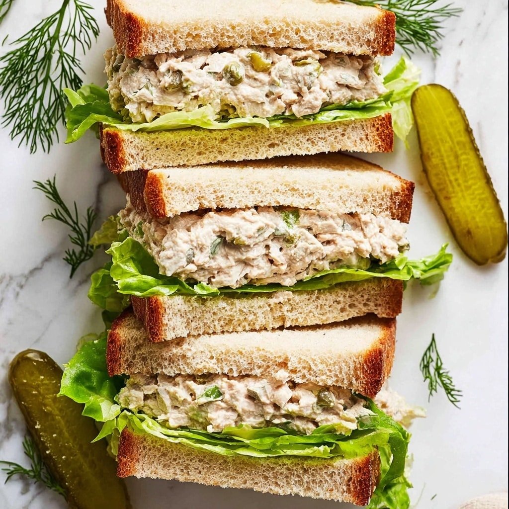 The image shows a sandwich cut into four pieces, stacked on top of each other on a white marbled surface. Each sandwich has three main layers: a top and bottom slice of soft, light brown bread with a slightly toasted crust, a thick middle layer of creamy tuna salad mixed with small green herbs, and fresh, bright green lettuce leaves beneath the tuna salad. Small sprigs of dill are scattered on the sandwich and the surface around it, adding a fresh touch. There are also a few small green pickle slices placed next to the sandwich. Photo taken with an iphone --ar 1:1 --v 7