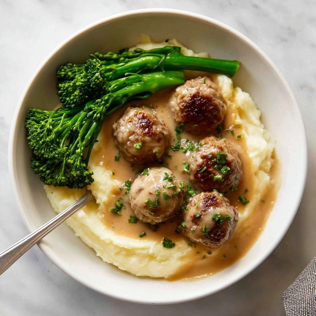 A white bowl holds a dish with three layers: at the bottom, a smooth layer of mashed potatoes, soft and creamy in light off-white color; on top of the potatoes, six meatballs, browned and round, covered in a thick, light brown gravy sprinkled with small green herb pieces; to the side, a small bunch of bright green broccolini with tender stalks and florets. A silver fork rests inside the bowl on the left side. The bowl sits on a white marbled surface. photo taken with an iphone --ar 1:1 --v 7