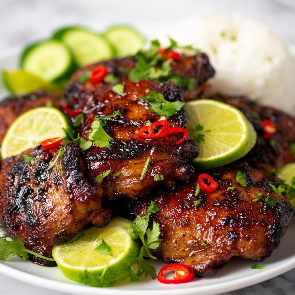 A white plate filled with several pieces of grilled dark brown chicken pieces that have a shiny, glazed texture and slight grill marks, arranged in a close pile. Bright green lime wedges are placed around and on top of the chicken, with small red chili slices scattered over the chicken for contrast. Fresh green cilantro leaves add a fresh touch sprinkled on top. In the background, there is a small mound of white rice and some green cucumber slices. The setting is on a white marbled surface. Photo taken with an iphone --ar 1:1 --v 7
