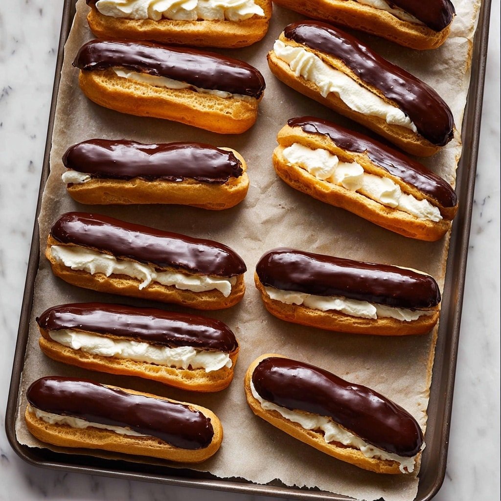 The image shows a tray lined with parchment paper holding eleven éclairs. Each éclair has three layers: the bottom layer is a long, light golden-brown choux pastry with a smooth texture, the middle layer is piped white cream with fluffy, slightly glossy swirls that peek out from the sides, and the top layer is a dark, shiny chocolate glaze that covers the entire top surface evenly. The éclairs are scattered across the tray, some facing sideways and some lying flat, all resting on a white marbled surface. photo taken with an iphone --ar 1:1 --v 7