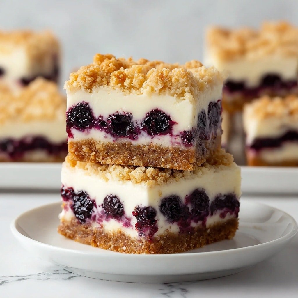 The image shows three square dessert bars stacked on a white plate, set on a white marbled surface. Each bar has four distinct layers: the bottom layer is a dense, crumbly golden brown crust, followed by a thick, smooth white cream cheese layer dotted with whole dark purple blueberries. Above this is a slightly speckled, deep purple blueberry layer with juice seeping slightly into the cream layer, and the top layer is a crumbly, light golden streusel topping that looks crunchy. The bars are neatly cut with clean edges, and additional bars are visible in the background. Photo taken with an iphone --ar 1:1 --v 7