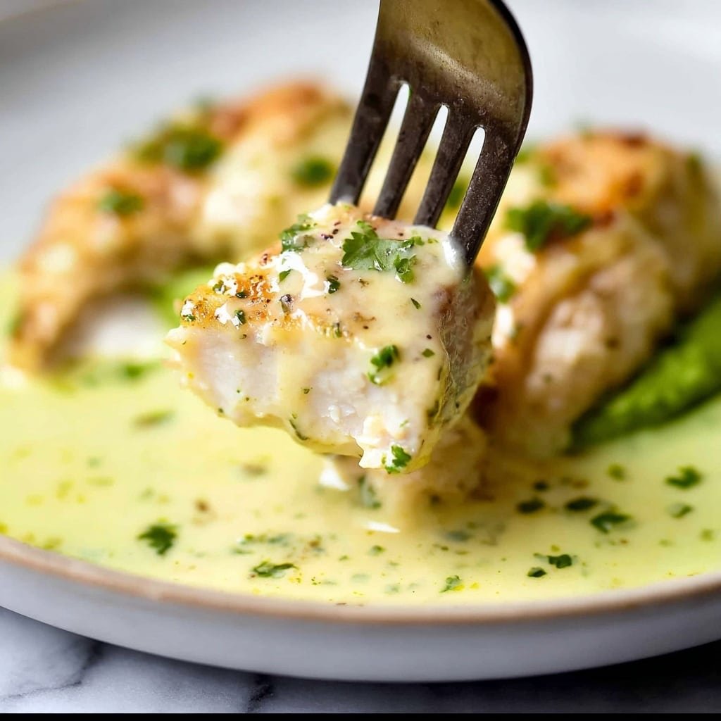 A golden piece of cooked chicken is held by a silver fork, surrounded by a creamy light yellow sauce with green herbs sprinkled on top. The chicken rests on a smooth green puree spread across a white plate. The background shows bits of chicken and sauce, all placed on a white marbled texture surface. Photo taken with an iphone --ar 1:1 --v 7