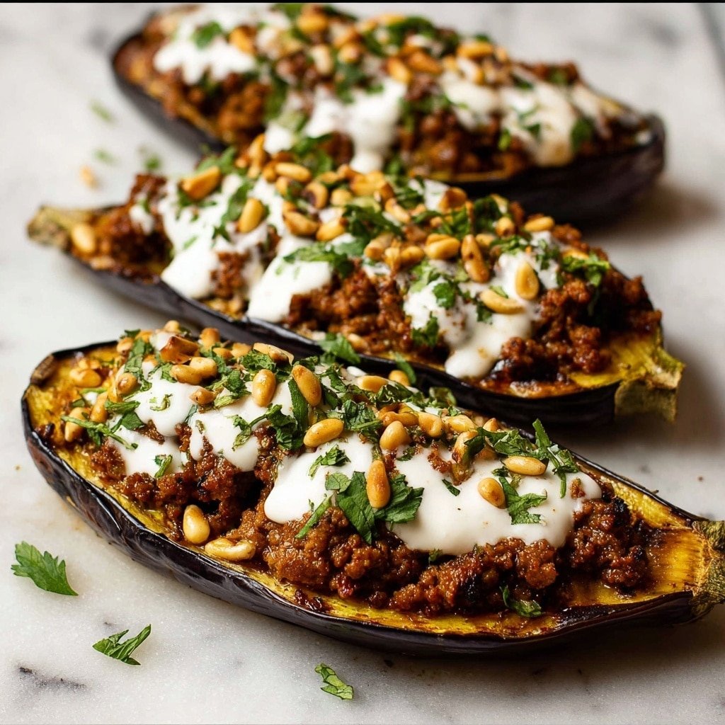 The image shows three halves of roasted eggplants placed in a row on a white marbled surface. Each eggplant half is topped with a rich, brown minced meat mixture. On top of the meat layer, there is a thick drizzle of white yogurt sauce flowing down the sides. The dish is garnished with light brown toasted pine nuts and finely chopped green herbs, sprinkled evenly across the top and around the base. The eggplant skin is a dark purple, while the cooked flesh is golden yellow with slight char marks. Photo taken with an iphone --ar 1:1 --v 7