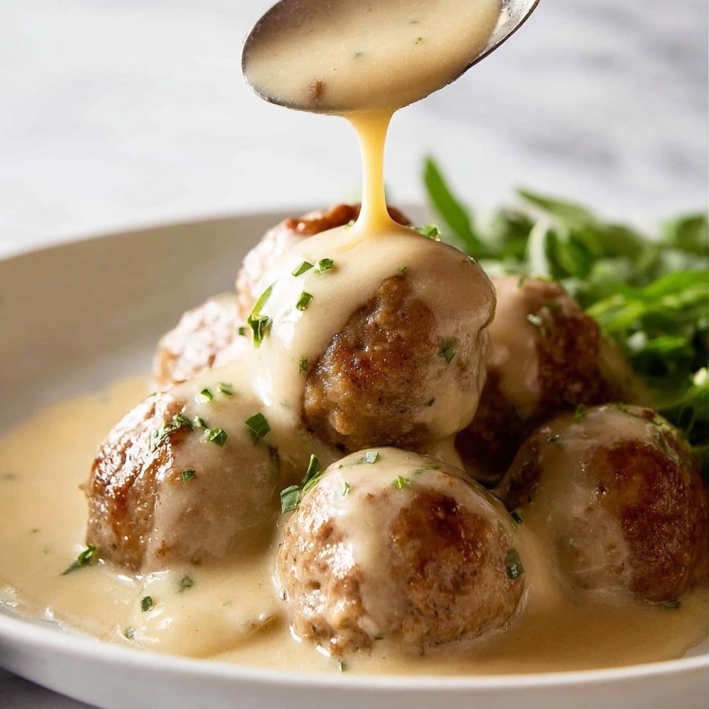 Several round meatballs, golden brown with a slightly rough texture, are stacked closely on a white plate. They are covered with a thick, creamy beige sauce that is being poured from a metal spoon above, creating a smooth flow over the meatballs. Small green herb pieces are sprinkled on the sauce, adding tiny dots of color. In the background, some fresh green leaves can be seen out of focus. The plate sits on a white marbled surface. Photo taken with an iphone --ar 1:1 --v 7