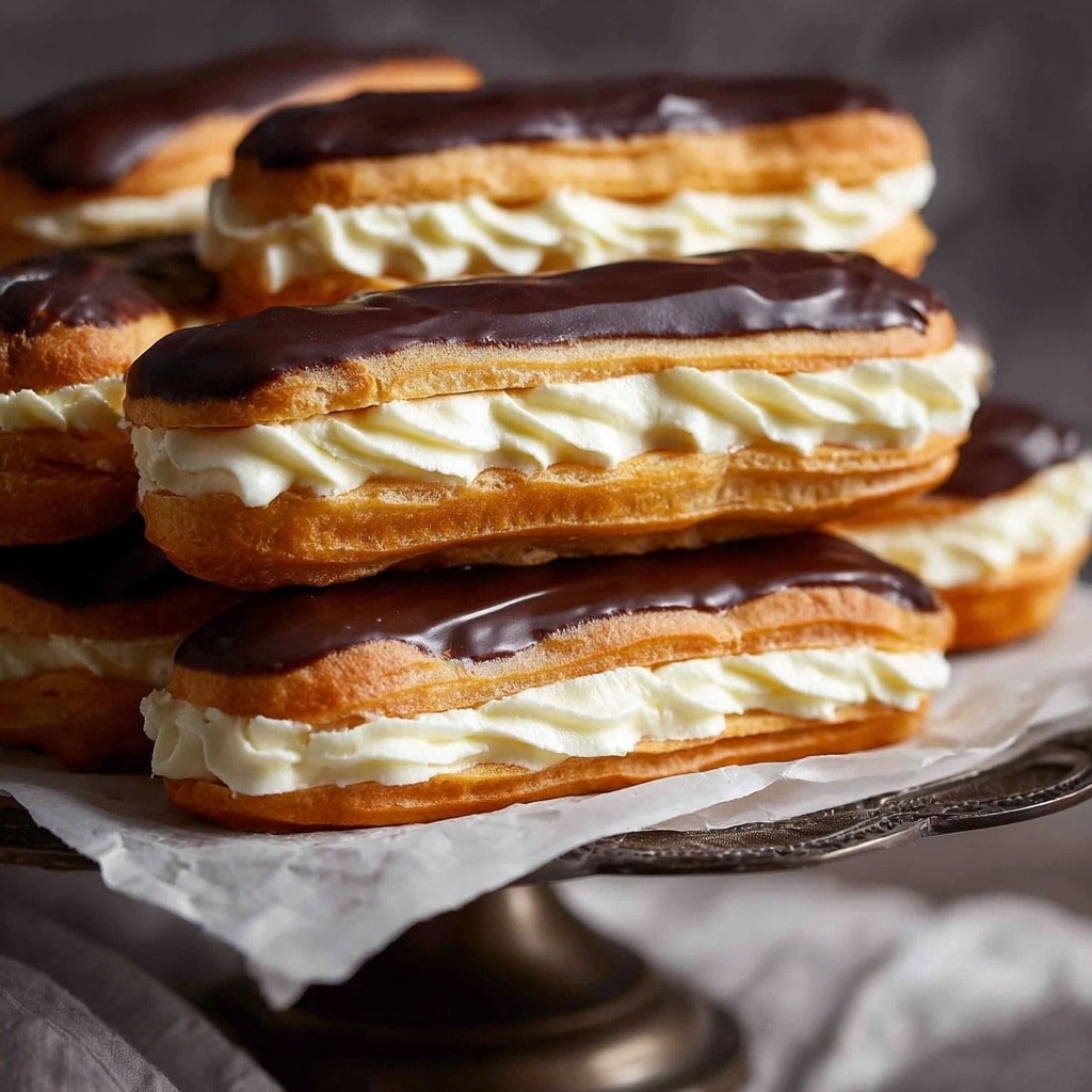 The image shows several éclairs placed on a white marbled surface. Each éclair has three layers: the bottom layer is light golden-brown pastry with a slightly rough texture, the middle layer is thick, creamy white filling piped in neat ridges, and the top layer is a smooth, glossy dark brown chocolate glaze that covers the entire length of the éclair. The éclairs are arranged in a slightly scattered way, with some blurred in the background and a clear focus on the front one, highlighting the contrast between the creamy middle and shiny chocolate top. Photo taken with an iphone --ar 1:1 --v 7