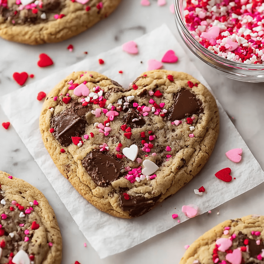 A large heart-shaped cookie sits in the center on a square piece of white paper, laid on a white marbled surface. The cookie is light golden brown with large chunks of melted dark chocolate scattered across the top. Pink, red, and white heart-shaped and round sprinkles are spread over the cookie, adding bright colors and a festive look. In the top right corner, there is a clear glass bowl filled with pink, red, and white sprinkles. Around the main cookie, parts of other similar cookies with chocolate chunks and sprinkles can be seen. The image shows a soft, chewy texture in the cookie with rich chocolate and colorful decoration. photo taken with an iphone --ar 1:1 --v 7