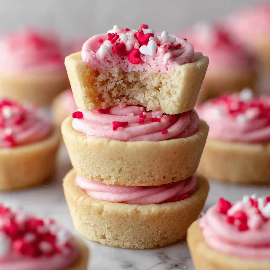 This image shows a close-up of small round cookies on a silver wire rack, placed over a white marbled surface. Each cookie has two layers: a thick, light golden-brown base with a soft texture and a smooth, pale pink frosting layer on top. The frosting is swirled in a small, rounded mound centered on each cookie. Bright red, white, and dark pink heart-shaped sprinkles decorate the frosting, adding vibrant color. One cookie in the center has a bite taken from it, exposing the soft interior of the base and the creamy frosting. Photo taken with an iphone --ar 1:1 --v 7