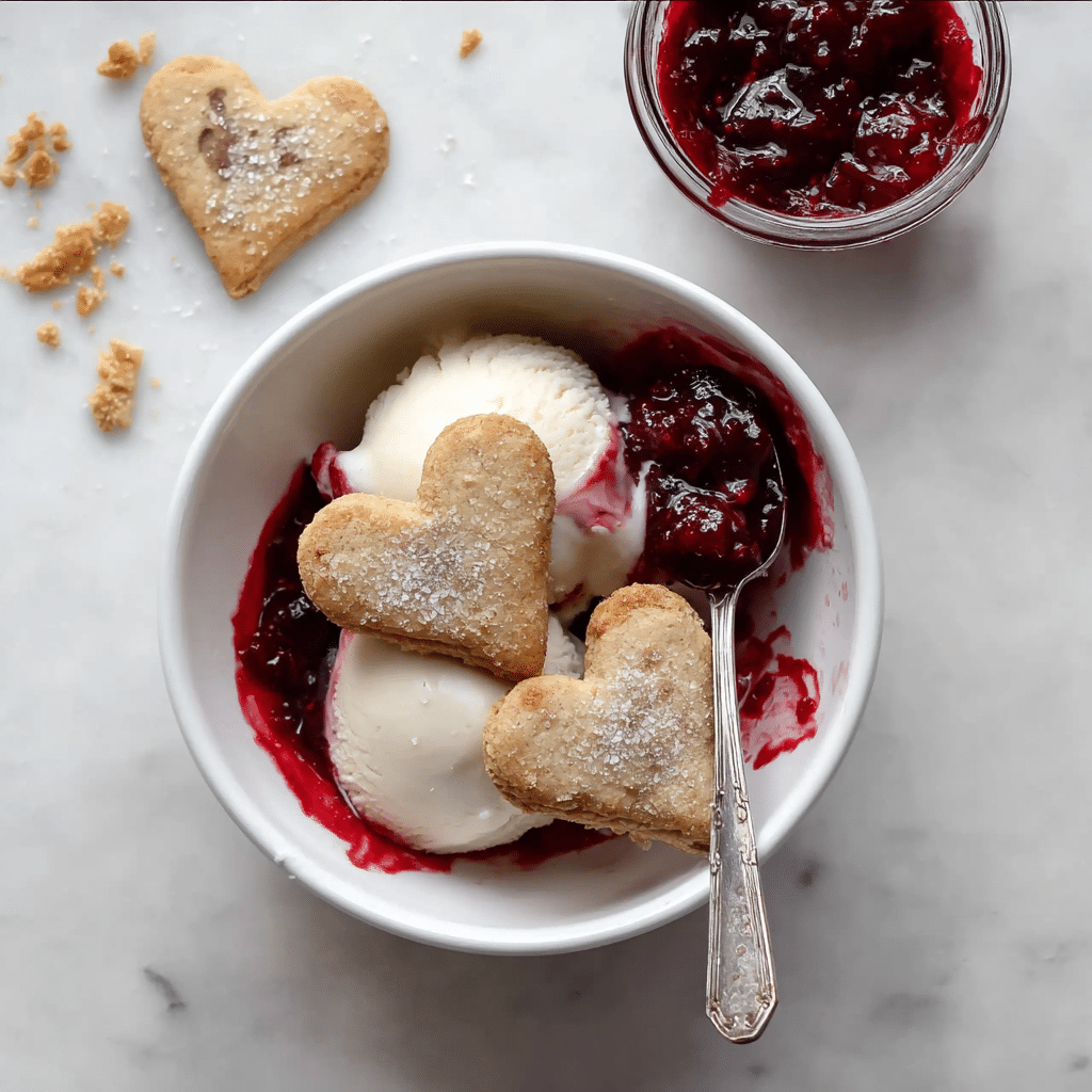 A white bowl sits on a white marbled texture surface, holding two scoops of smooth white ice cream partially covered with bright red berry sauce that pools in the bowl's bottom. Two small heart-shaped cookies with a light golden-brown crust and sugar crystals lie on top, slightly overlapping each other. A silver spoon rests inside the bowl on the right, holding a dark red chunky sauce. Nearby, a small clear glass bowl filled with the same thick red berry sauce sits on the white marbled surface. Crumbs are scattered on the surface above the bowl. Photo taken with an iphone --ar 1:1 --v 7