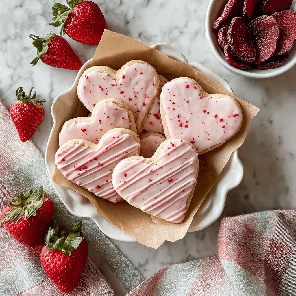 A white scalloped bowl lined with brown parchment paper holds several heart-shaped cookies covered in pale pink icing with red speckles; some cookies have additional thin pink icing lines drizzled over them for decoration. Around the bowl, there are fresh red strawberries with green tops, and in the top right corner, a small white bowl contains deep red dried fruit slices. The items are arranged on a white marbled surface with a soft pastel plaid cloth partially visible on the side. Photo taken with an iphone --ar 1:1 --v 7