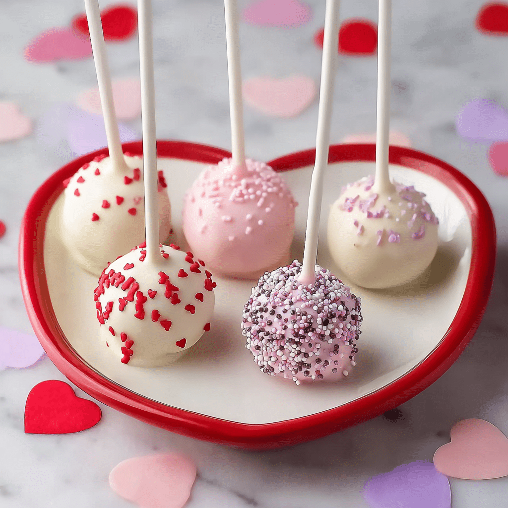 There are five smooth, round cake balls covered in pastel pink icing, placed closely together on a white plate with a red decorative edge. Each cake ball is decorated with small red, pink, and white sprinkles shaped like hearts and tiny sticks, giving a festive look. The cake balls sit on a white marbled surface with a few scattered red and pink heart-shaped sprinkles around. The focus is soft on the background, making the front cake ball sharp and clear. photo taken with an iphone --ar 1:1 --v 7