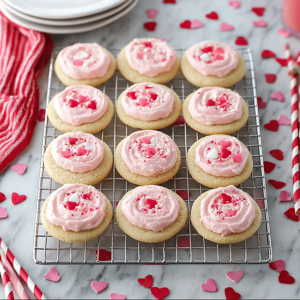The image shows a cooling rack holding 15 round cookies arranged in three columns and five rows. Each cookie has a light golden-brown base with a smooth, slightly cracked surface, topped with a thick layer of swirled pink frosting. The frosting has small red, white, and pink heart-shaped and sprinkle decorations scattered on top. The rack sits on a white marbled surface with scattered heart-shaped sprinkles around it, along with a stack of white plates in the top left corner and a red-striped cloth on the right side. Pink and white striped paper straws are visible at the bottom left. Photo taken with an iphone --ar 1:1 --v 7