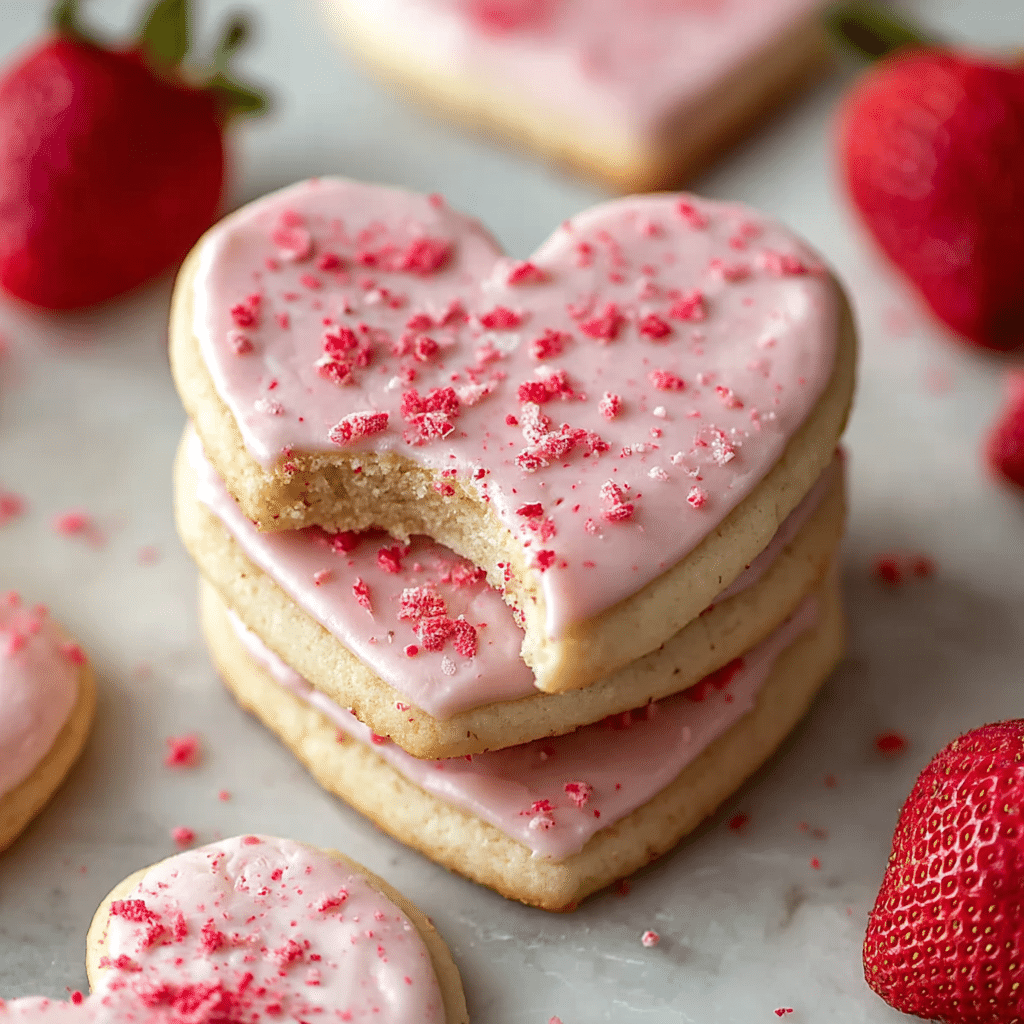 The image shows a stack of three heart-shaped cookies on a white marbled surface, each cookie is light beige with smooth, pale pink icing covering the top. The icing looks creamy and is speckled with small, bright red crushed bits that add texture and color. The top cookie has a bite taken out of it, revealing the soft, crumbly inside. Around the stack are more heart-shaped cookies with the same pink icing and red specks, as well as fresh strawberries, some whole and some cut, adding a fresh touch to the scene. The photo taken with an iphone --ar 1:1 --v 7