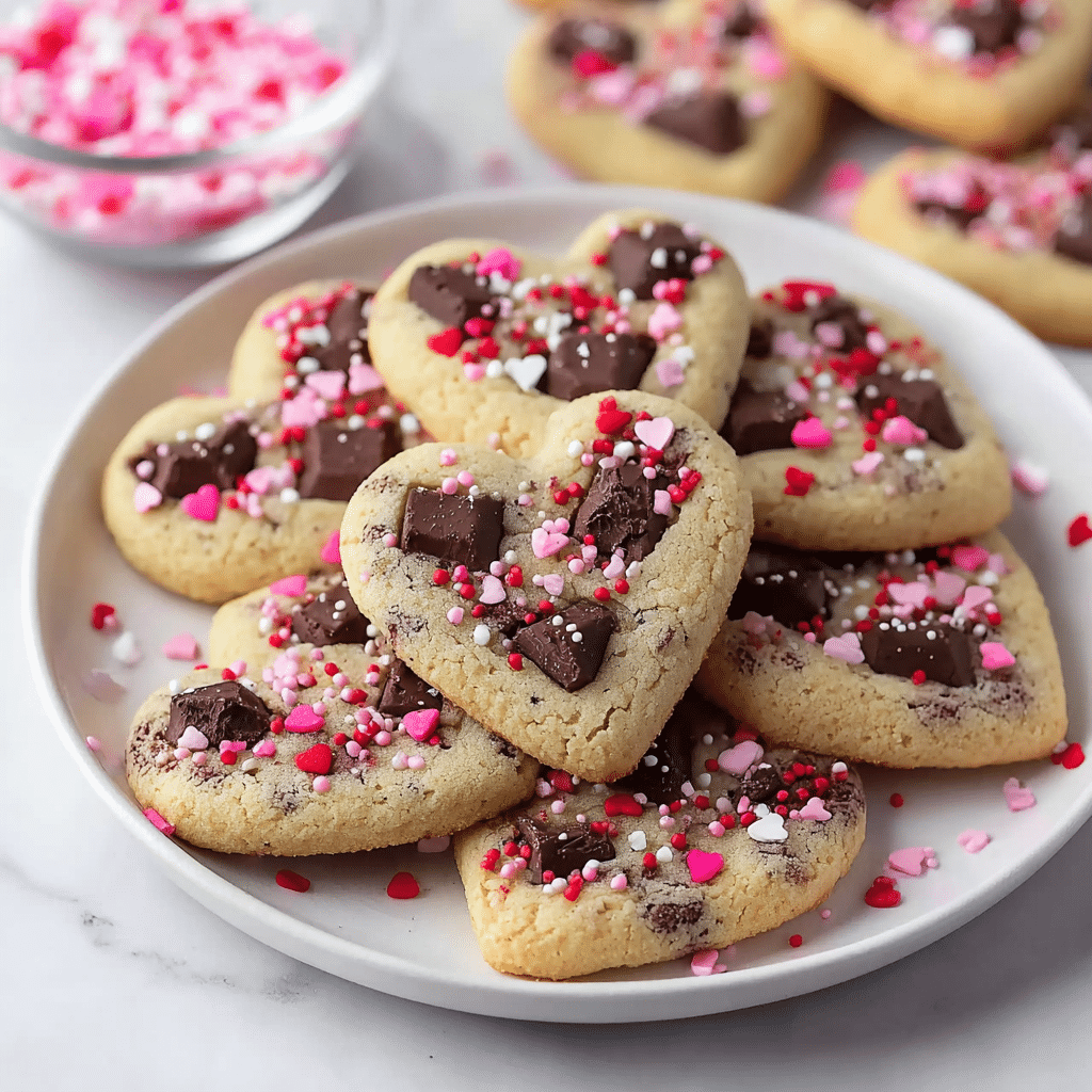A white plate filled with about a dozen heart-shaped cookies arranged in a stacked, slightly overlapping pile. Each cookie has a light golden-brown color with a soft texture, topped with uneven dark chocolate chunks near the center. Scattered across the cookies are small red and pink heart-shaped sprinkles along with tiny round red, pink, and white sprinkles that add a festive touch. In the background on a white marbled surface, there is a small glass bowl holding more red and white sprinkles, some spilled around the plate for decoration. photo taken with an iphone --ar 1:1 --v 7