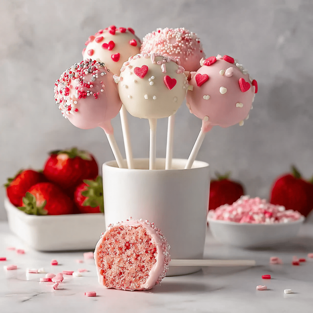 The image shows six round cake pops on white sticks, five are placed upright in a white cup and one lies on the table in front, cut open to show a pink, crumbly cake inside covered in smooth pink coating. The cake pops have two main colors of coating: soft pink and white. They are decorated with small red, pink, and white sprinkles; some sprinkle shapes are tiny hearts while others are round dots. Next to the cake pops, there are fresh red strawberries in a white rectangular dish and a small white bowl filled with pink, white, and red heart-shaped sprinkles. All items are on a white marbled surface with a soft, blurred light gray background. Photo taken with an iphone --ar 1:1 --v 7