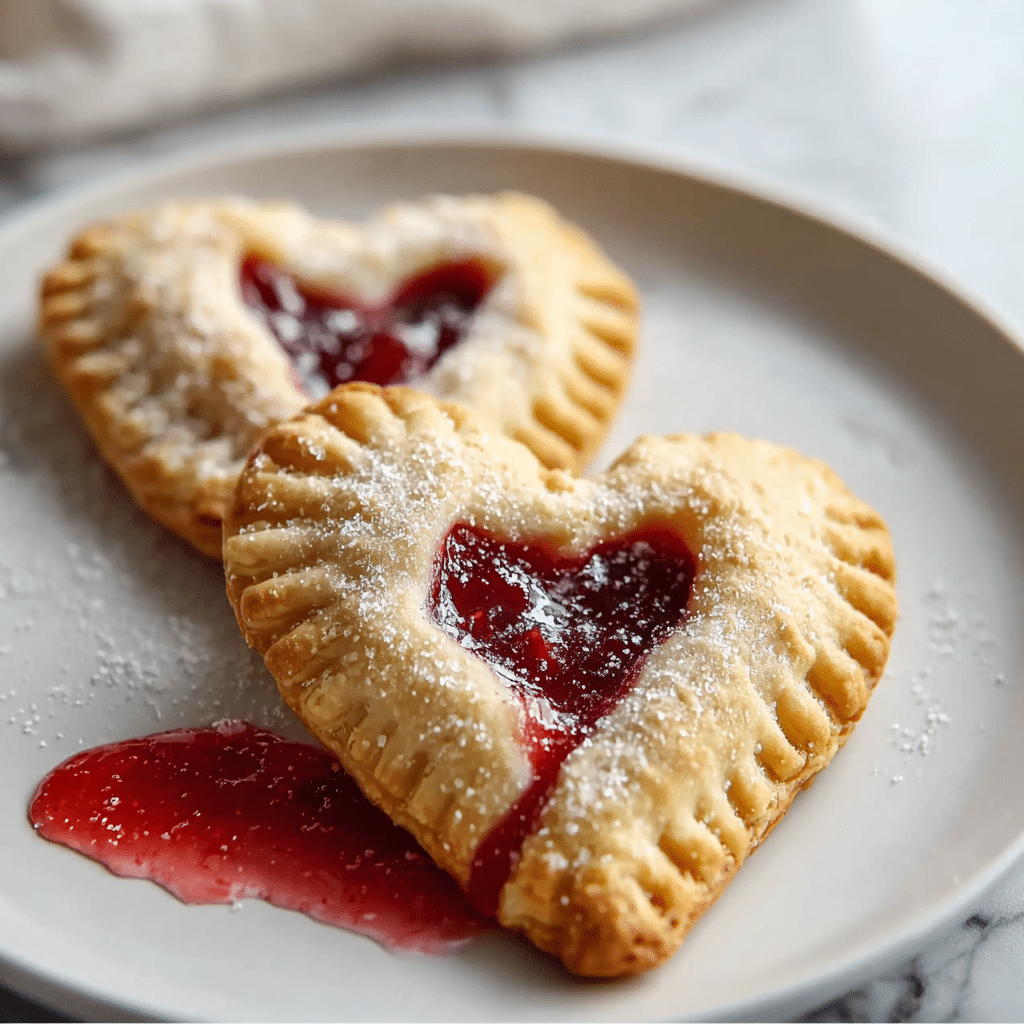Two heart-shaped pastries sit on a white plate. Each pastry has a golden-brown crust with edges pressed down and fork marks around the sides. The top layer is light beige and dusted with white sugar crystals that sparkle. Bright red fruit filling oozes out from a small opening in the center of the front pastry, spreading onto the plate. The plate is on a white marbled surface, and the background is softly blurred with light colors. photo taken with an iphone --ar 1:1 --v 7